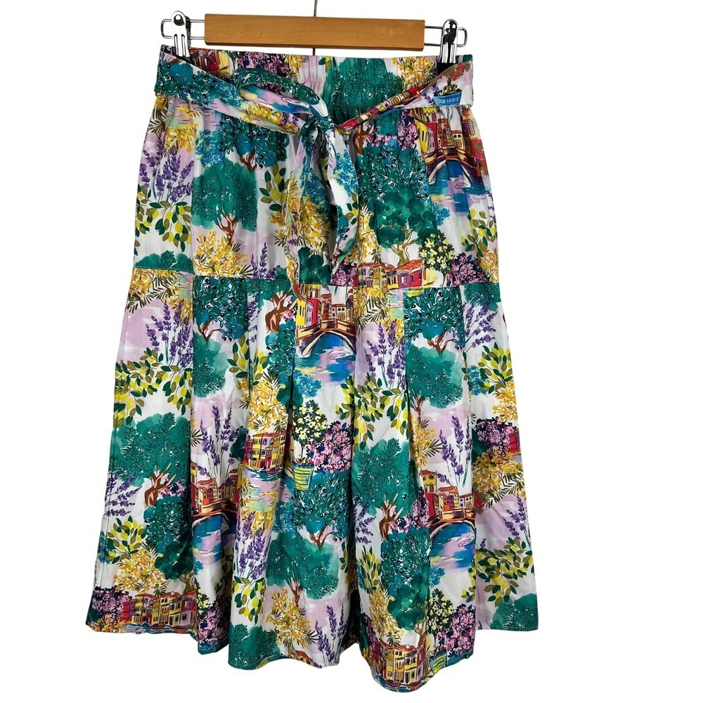 Deja Bleu Premium Artsy City Art Print Midi Skirt Colorful Village Scene Medium